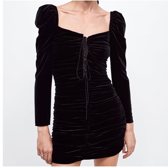 Zara Black Velvet Mini Ruched Dress Blogger’s Fave - Picture 6 of 7